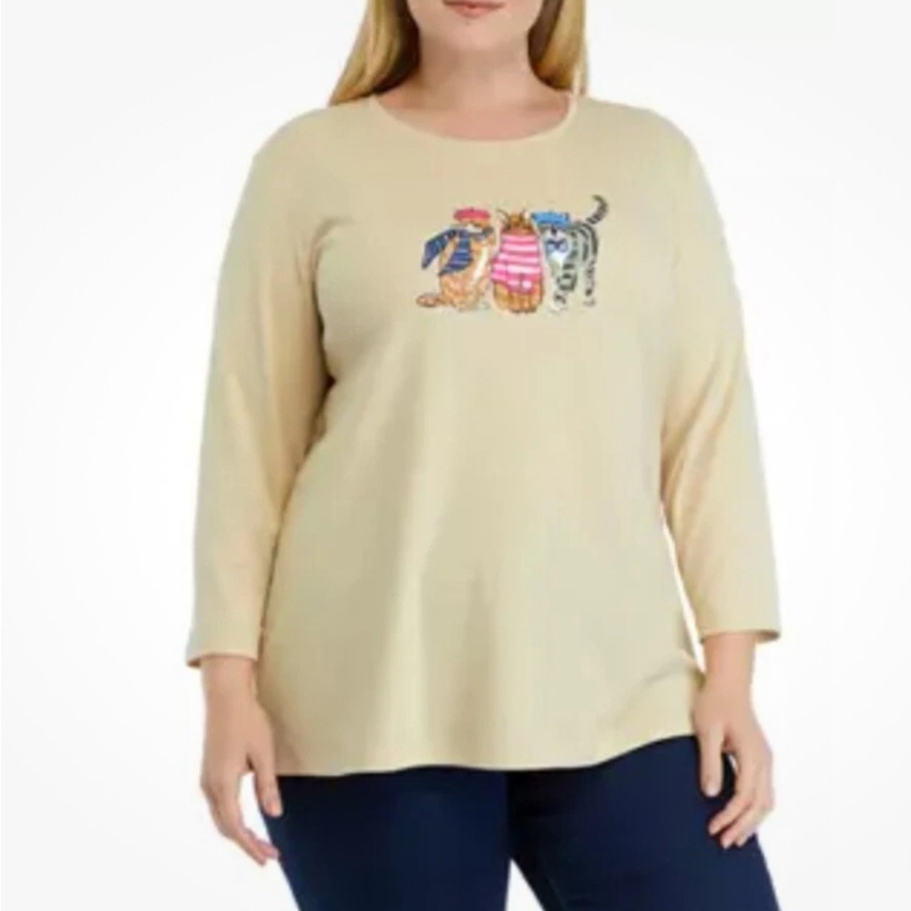 Kim Rogers Perfectly Soft size L 3/4 Sleeve Cat Graphic Top NWOT Beige crew-neck - Picture 12 of 16